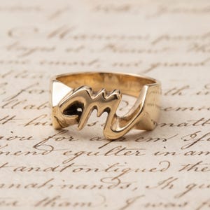 Letter M script font handmade ring