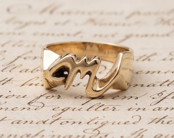 Letter M script font handmade ring