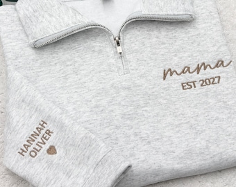 Custom Embroidered Quarter Zip, Name On Sleeve With Heart, Mama Est Year Shirt, Grandma Shirt With Date, Gift For New Mom, Mothers Day Gift
