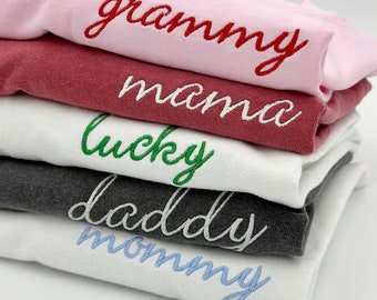 Custom Embroidered Comfort Colors T-Shirt: Personalized Mama Grammy Daddy Mommy Gift