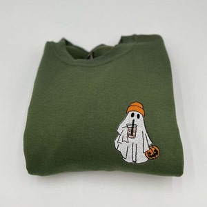 Iced Coffee Halloween Sweatshirt, Halloween Sweatshirt, Embroidered Halloween, Coffee Lovers , Cute Ghost Coffee, Pocket Ghost Hoodies