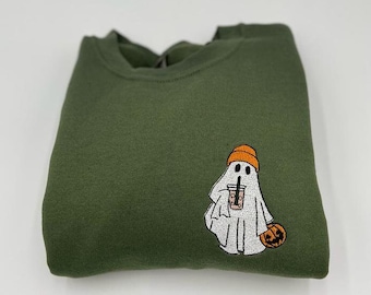 Embroidered Ghost Iced Coffee Halloween Sweatshirt, Coffee Lovers