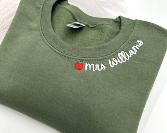 Embroidered Teacher Sweatshirt: Personalized Apple Collar Neckline Gift