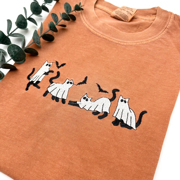 Embroidered Ghost Cats Comfort Colors T-shirt - Halloween Cat Lover Tee