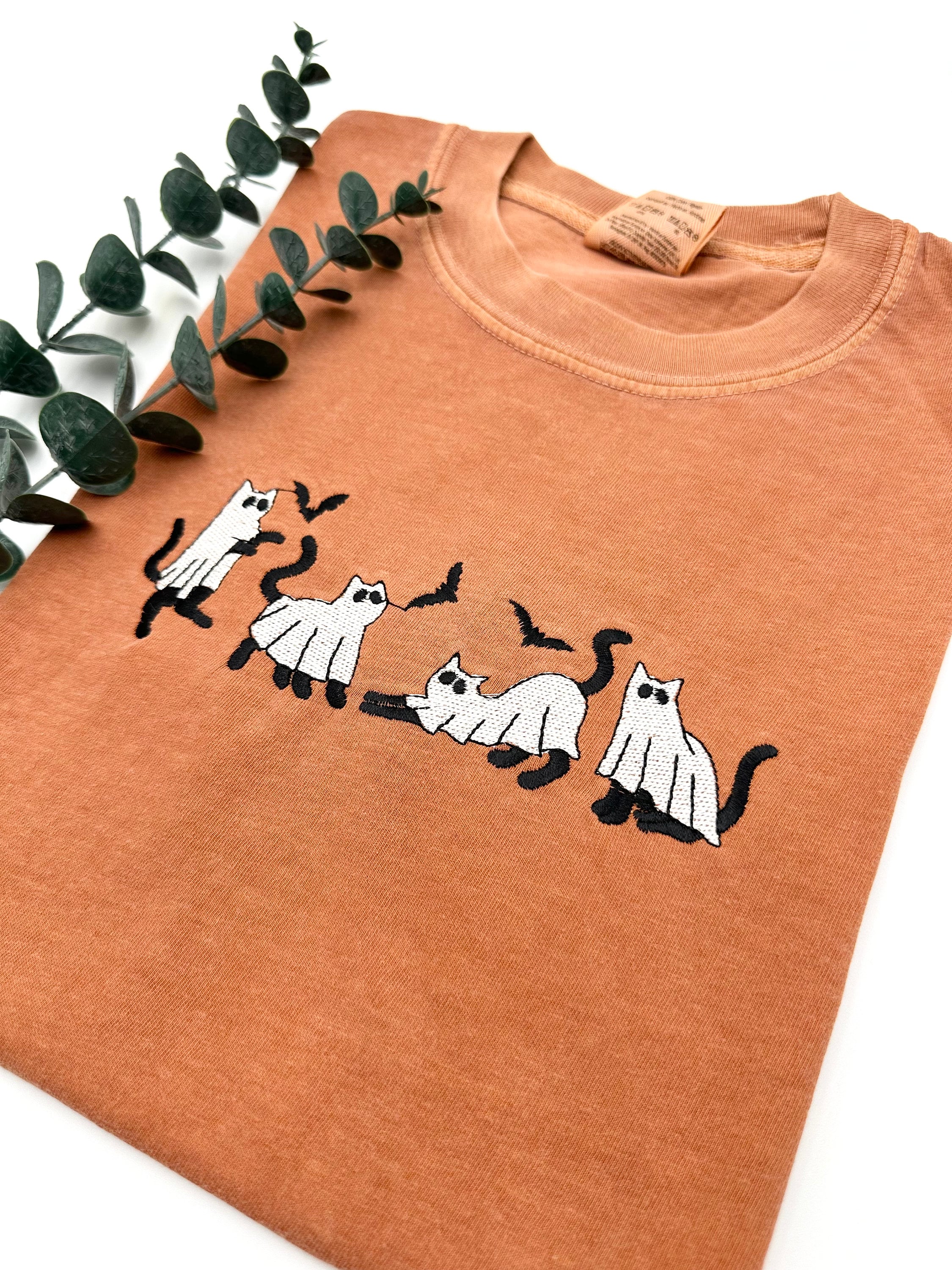Embroidered Ghost Cats Halloween Comfort Colors T-shirt | Cute Ghost Apparel | Halloween Cat Shirt | Cat Lover Tee | Spooky/Fall Season Gift