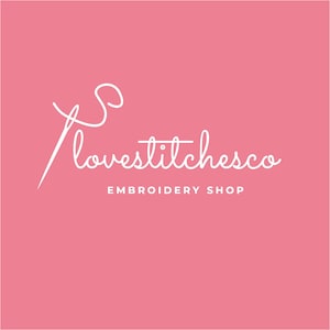 May include: A pink square graphic with the white text "Lovesitchesco" in a cursive font, with a needle and thread design. Below, the text "Embroidery Shop" is in a sans-serif font.
