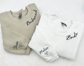 Embroidered Bridesmaid Sweatshirt: Custom Neckline, Sleeve Name, Bachelorette Gift
