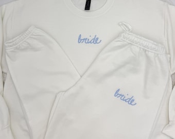 Personalized Embroidered Bride Sweatpants Sweatshirt Hoodie, Newlywed Outfits, Bachelorette Party, Wedding Morning, Matching Gift