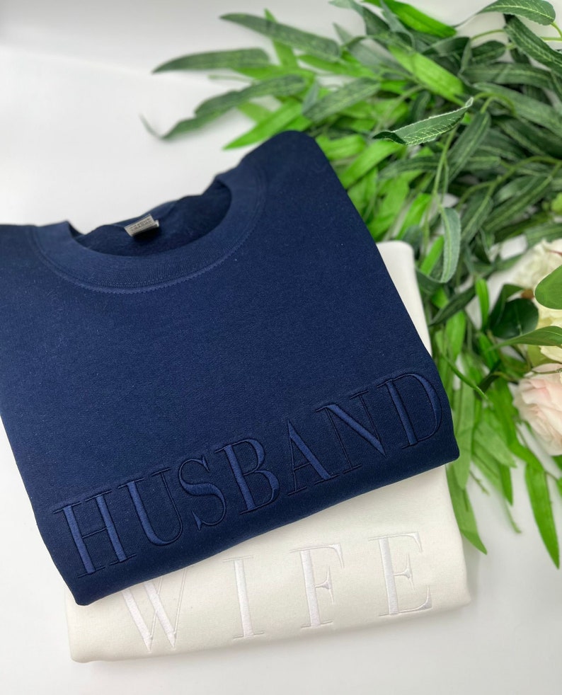 Wife Husband Embroidered Sweatshirt or Hoodie, Tone on Tone, Honeymoon & Bridal Gift, Wifey Hubby Bride Crewneck, Mr Mrs Pullover