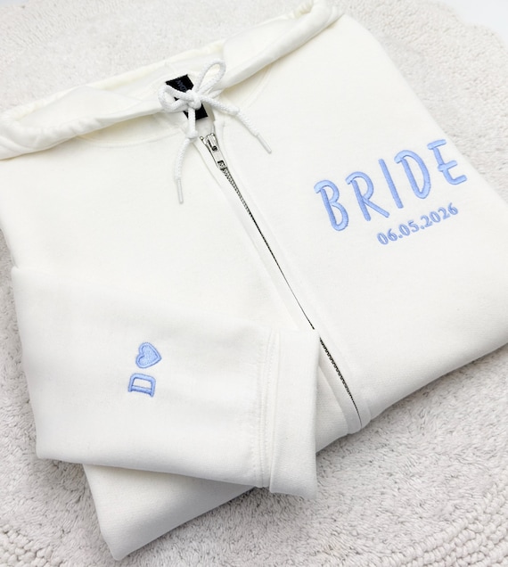 Custom Embroidered Bride Full-Zip Hoodie, Personalized Wedding Gift, Future Mrs