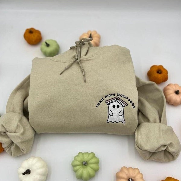 Embroidered Ghost Book Sweatshirt, Fall Spooky Season Pullover, Cute Ghost Hoodies,  Halloween Teacher-Bookish-Librarian Gift, Reading Ghost