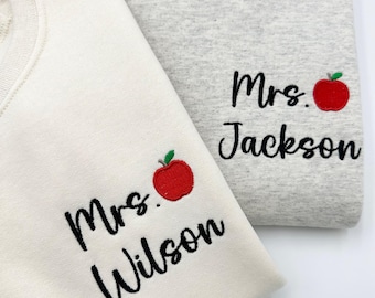 Embroidered Teacher Sweatshirt: Personalized Apple Collar Neck Gift