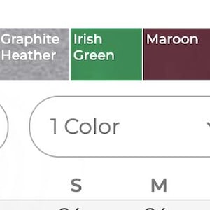 May include: A product listing interface with color swatches in white, black, ash, cardinal red, carolina blue, dark chocolate heather, forest heather, irish green, maroon, navy, orange, purple, royal, safety green, safety orange, and sport grey. Buttons include "Add to Cart" and "Add to List."