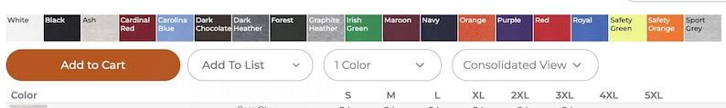 May include: A product listing interface with color swatches in white, black, ash, cardinal red, carolina blue, dark chocolate heather, forest heather, irish green, maroon, navy, orange, purple, royal, safety green, safety orange, and sport grey. Buttons include "Add to Cart" and "Add to List."
