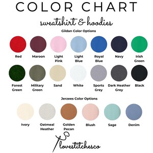 Puede incluir: Tabla de colores para sudaderas y sudaderas con capucha, con opciones de color Gildan y Jerzees. La tabla muestra una variedad de colores, incluyendo rojo, granate, rosa, azul, verde, gris y negro. El texto "lovestitchesco" est&aacute; en la parte inferior.
