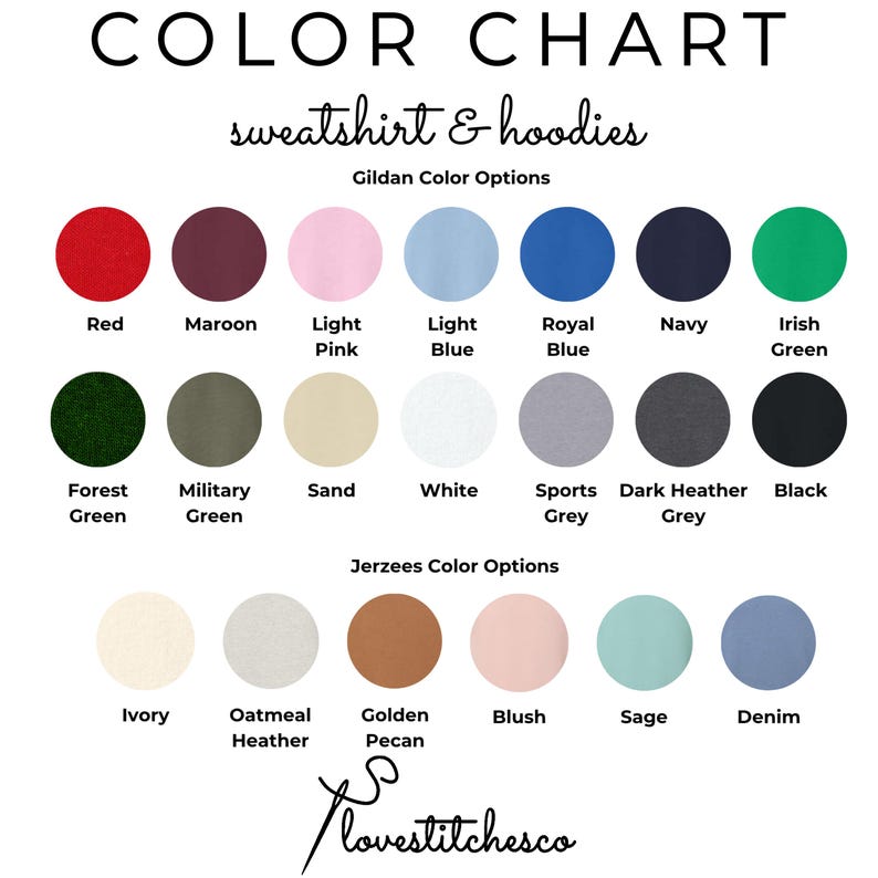 Puede incluir: Tabla de colores para sudaderas y sudaderas con capucha, con opciones de color Gildan y Jerzees. La tabla muestra una variedad de colores, incluyendo rojo, granate, rosa, azul, verde, gris y negro. El texto "lovestitchesco" est&aacute; en la parte inferior.