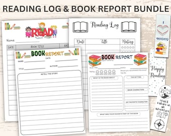May include: Printable reading log and book report templates. The templates feature a colorful design with illustrations of books and children reading. The templates include sections for book title, author, date, rating, and a space to write a summary of the book.