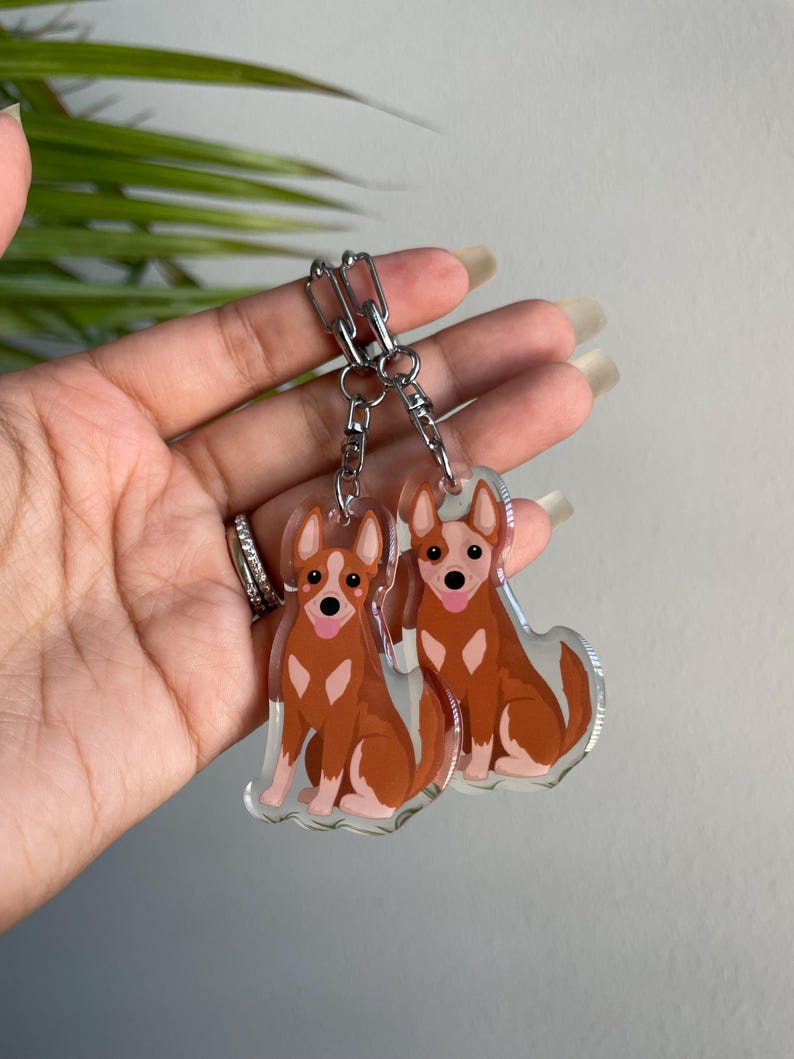 May include: Two clear acrylic keychains featuring a cartoon dog design. The dogs are brown and white with pink tongues, attached to a silver chain. The keychains are held in a hand.
