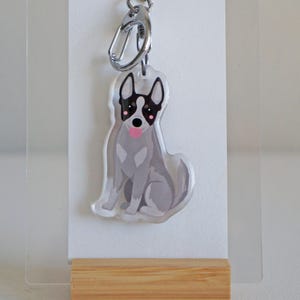 May include: A clear acrylic keychain featuring a seated dog illustration. The dog is gray with black markings around the eyes and ears, a pink tongue, and a silver clasp. The keychain is displayed on a white card and wooden base.