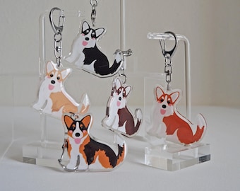 Op de afbeelding: Een verzameling acryl corgi sleutelhangers in verschillende kleuren, waaronder zwart-wit, bruin-wit en oranje-wit. Elke sleutelhanger heeft een zilveren sleutelring en ketting.