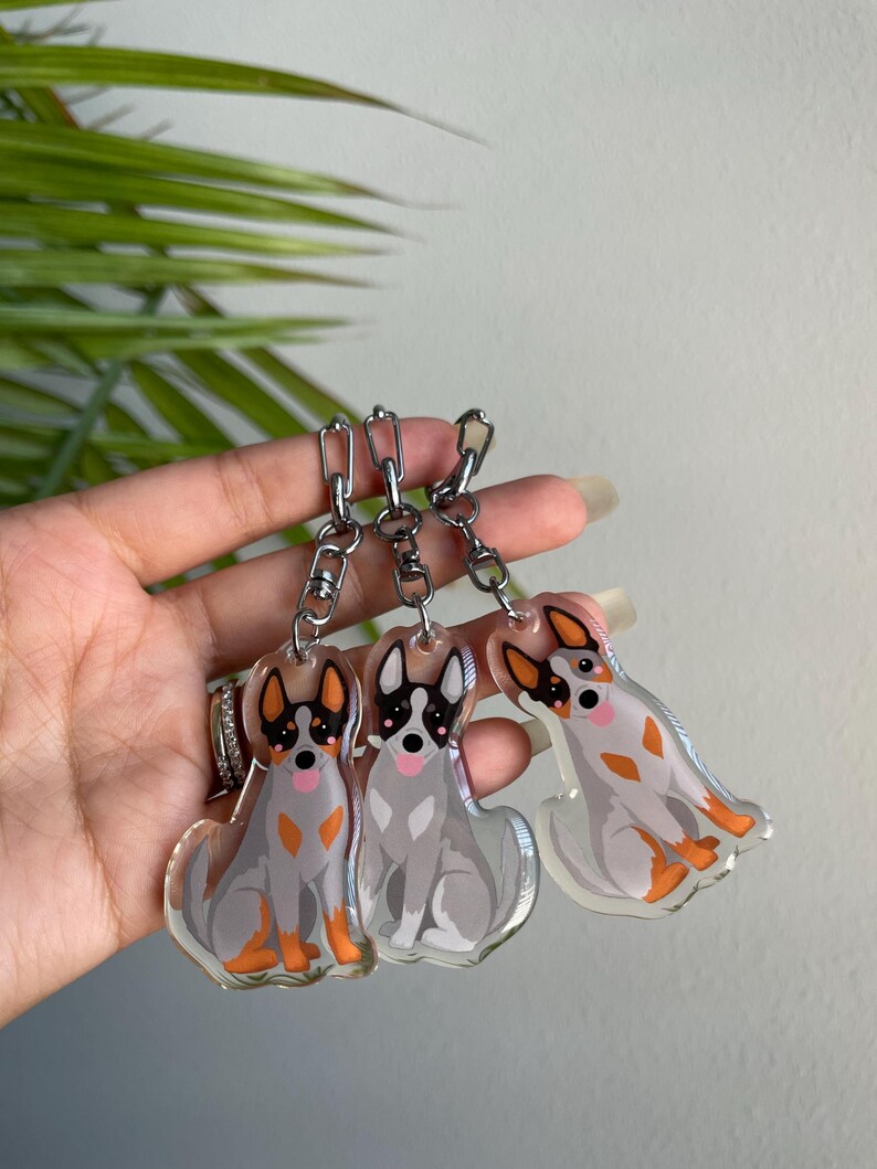 May include: Three clear acrylic dog keychains with silver chains. Each keychain features a cartoon dog design with gray, orange, and black markings. The dogs are sitting with their tongues out. The keychains are attached to a silver chain.