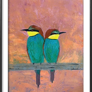 European Bee-Eaters - 9” x 12” - palette knife fine art oil painting on canvas - impasto texture - bird painting of the European bee-eaters