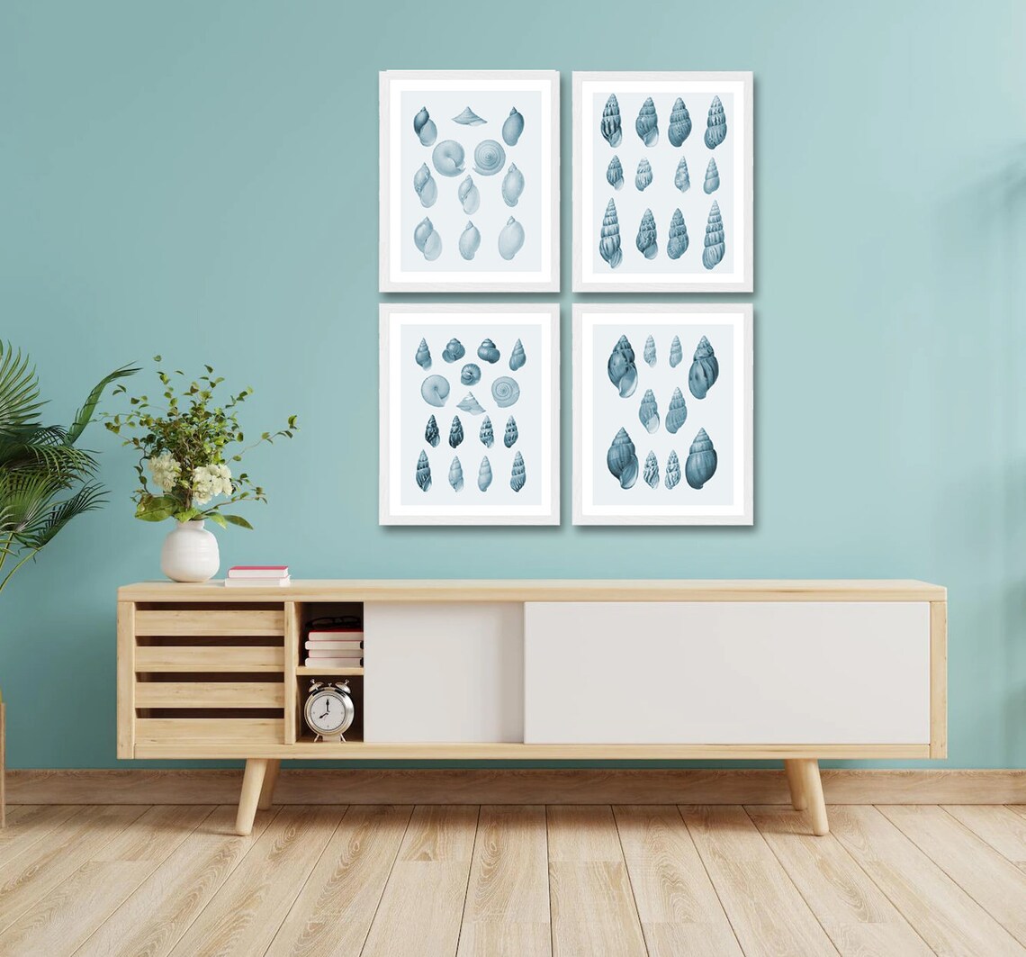 Wall Art Set of 4 Mix and Match Art Prints 4 Colors Seashell Etsy