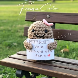 Può includere: Una bambola a forma di patata all'uncinetto con un viso sorridente e un fiocco rosa. La bambola tiene in mano un cartello con testo italiano su una panchina di legno. Lo sfondo è verde sfocato. Il testo sul cartello recita "PATATA POSITIVA Vola solo chi osa farlo".