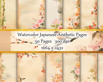 50 Watercolor Japanese aesthetic pages for journaling, scrapbooking, or stationary
