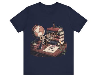 Knowledge Is Power desk stack illustration Tee | Booklover T-shirt, Study Room Graphic