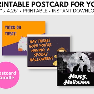 May include: A set of three printable Halloween postcards. The first postcard features a ghost with a pumpkin bucket and the text "Trick or Treat!" The second postcard features a scarecrow and the text "Hay there! Hope you're having a spooky Halloween!" The third postcard features a black cat, a witch flying on a broomstick, a full moon, and a haunted house with the text "Happy Halloween".