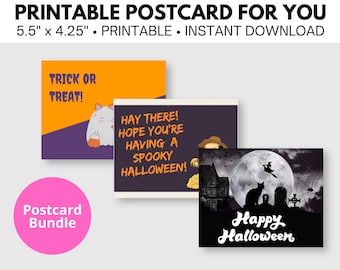 Three 5.5 x 4.25 inch printable Halloween postcards, digital download postcards, Halloween postcard bundle