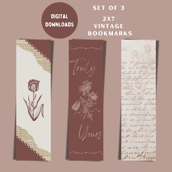 Set of 3 Printable Romantic Vintage Bookmarks, Digital Downloads, Minimalist Design, Brick Red Bookmarks, Digital Prints