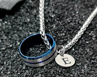 Thin Blue Line Necklace - Personalized Letter Ring Necklace -Police Gift Idea - Minimalist Necklace - Gift for Police/Men/Women