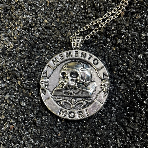 Skull Memento Mori Necklace | Handmade Memento Vivere Stoicism Pendant | Tempus Fugit Goth Jewelry Carpe Diem Stoic Coin Chain Reminder Gift