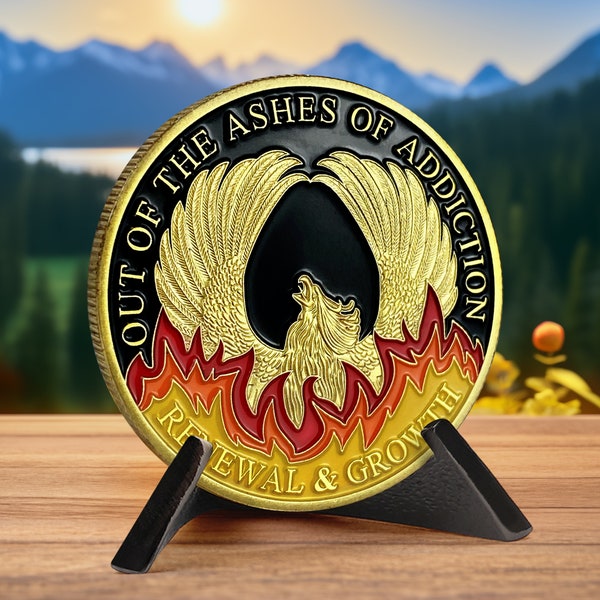 Phoenix Sobriety Coin - Out of the Ashes of Addiction - Serenity Prayer AA/NA Medallion Recovery Chips  - Sobriety Token Gift