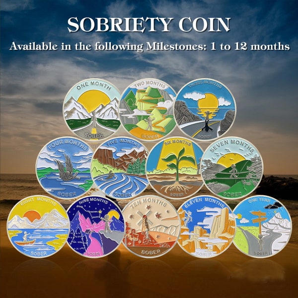 One Year Sobriety Coin - AA Chip (1-12 Months) - AA Medallion and Prayer in Recovery - 1 Year Alcoholics Anonymous Monthly Celebrate Gift