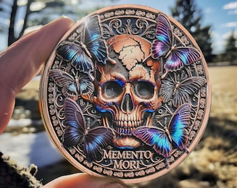 Memento Mori Coin: Skull, Rose, Butterfly 3D Design - Stoic Reminder