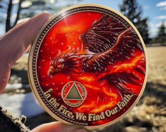 Rise Through the Fire Coin - A Testament to  Soars from flames - Serenity Prayer AA/NA Medallion Recovery Chips  - Sobriety Token Gift