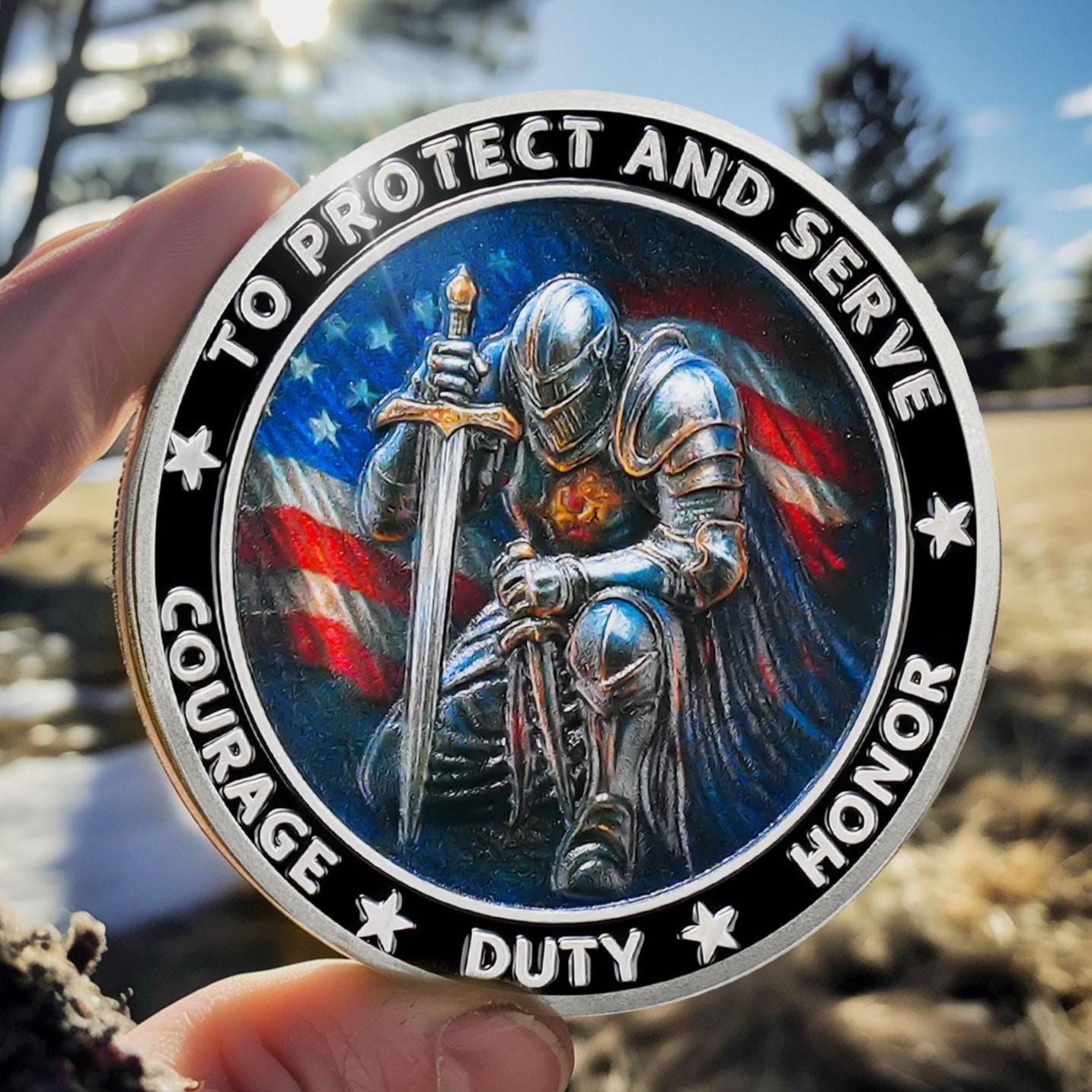 守り、奉仕するために シン・ブルー・ライン警察コイン 騎士道コイン - 勇気と義務の盾 守護騎士警察チャレンジコイン - Etsy 日本