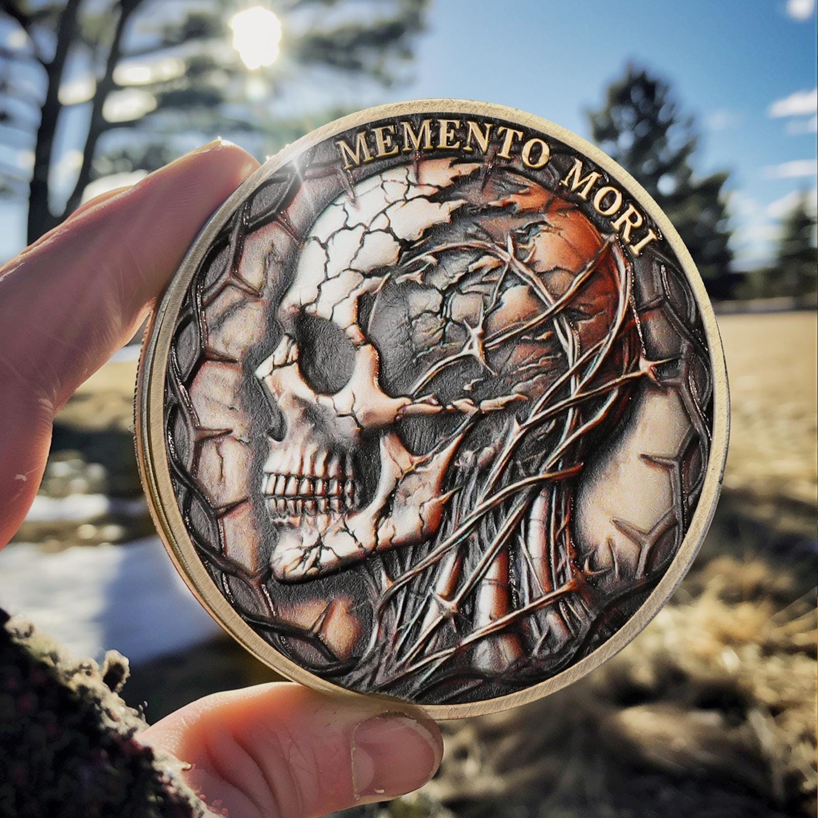 Memento Mori Coin: Thorny Skull, Stoic Reminder Pocket Token - Etsy