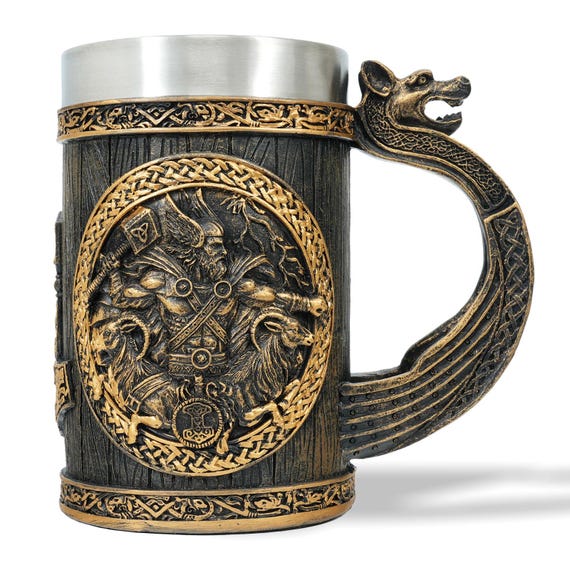 Stainless Steel Viking Mug 20Oz Beer Drinking Mug, Thor's hammer Tankard Coffee Cup, Medieval Celtic Mug, Viking Gifts for men