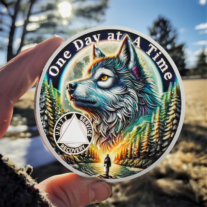 May include: A silver coin with a wolf's head and a forest scene. The coin has the words "One Day at A Time" around the edge and a triangle with the words "Unity, Service, Recovery" inside.