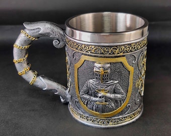 Medieval Crusader Metal Tankard Beer Mug - Stainless Steel Military Knight Templar Gift Mug