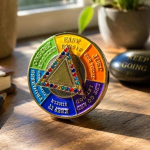 May include: A circular metal medallion featuring a rainbow-coloured segmented border with the text: ONE DAY AT A TIME, EASY DOES IT, JUST FOR TODAY, LET GO AND LET GOD, KEEP IT SIMPLE, and PROGRESS. A gold triangle with colourful rhinestones sits centre.