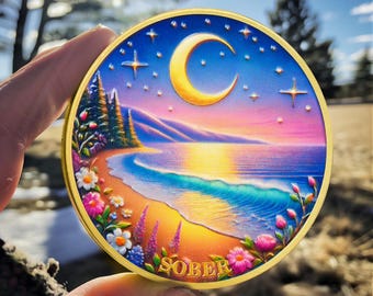 Night Sky Beach AA Chip The Moon Sobriety Coin-Daily Sober Recovery Medallions One Day at a Time Gifts for Men & Women
