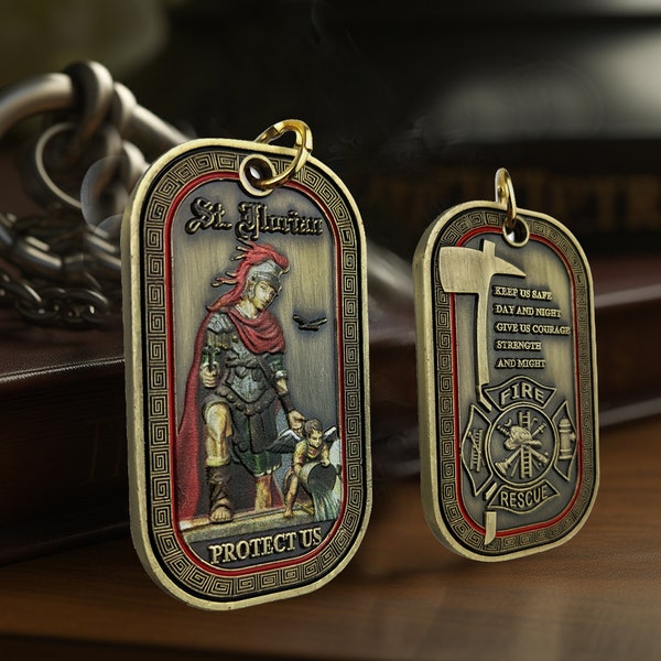 St. Florian Dog Tags Pendant - Firefighter Challenge Coin - Fireman Prayer Dog Tag Necklace - Firefighter Gift for Him/ Her/ Son/ Dad
