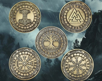 Viking Challenge Coins - Yggdrasil Tree of Life | Mjölnir Thor's Hammer| Aegishjalmur Helm of Awe | Valknut | Vegvisir Wayfinder Norse Coins
