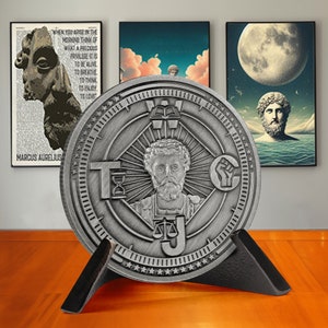 Pièce des quatre vertus stoïciennes - Sagesse · Courage · Justice · Tempérance - Pièce stoïcienne - Jeton Marc Aurèle WTCJ - Cadeau stoïque pour elle/lui
