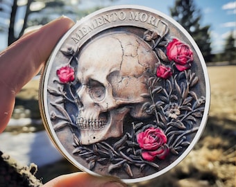 Memento Mori Münze: 3D Sichel Schädel & Rosen, Stoischer Reminder Token